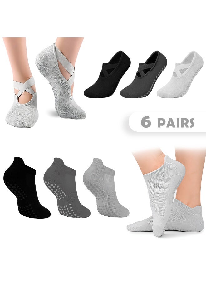Bernessi 6 Pairs Non-Slip Yoga Socks Set For Women 2 Designed 3 Colors, Barre Elastic Workout Pilates Yoga Socks For Yoga Sports Gym Home Barefoot Exercises Dance Ballet, Grey - Image 1
